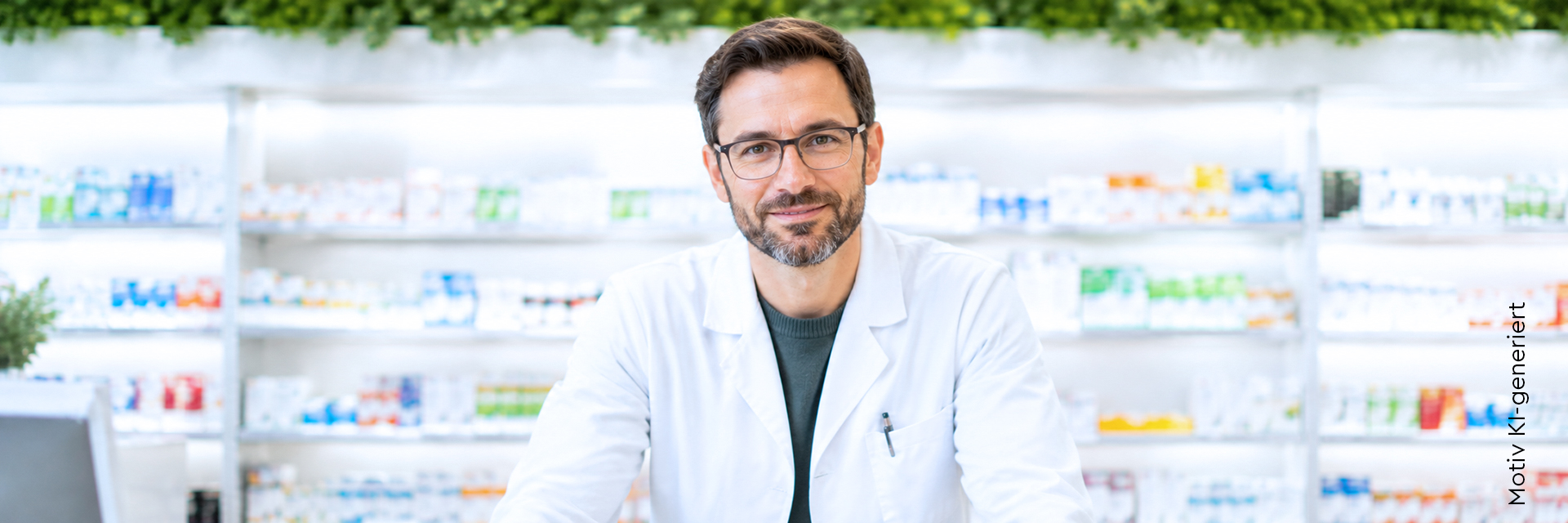 Ein Apotheker schaut direkt in die Kamera und lächelt. Er steht am Verkaufsthresen vor der hellen, weißen Sichtwahl (Verkaufswand).