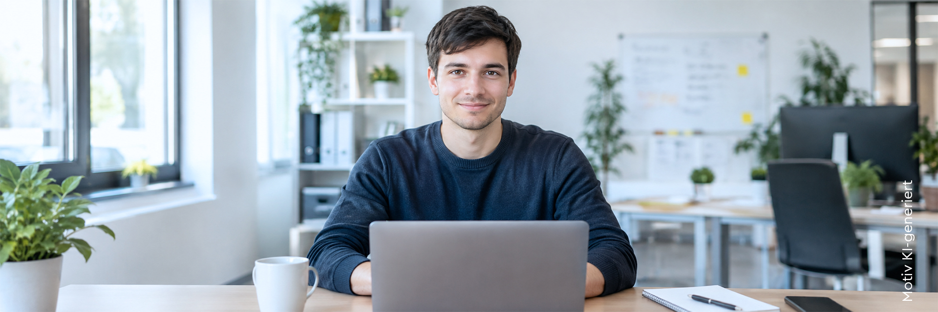 Ein junger Mann (IT-Experte) mit blauem Pullover sitzt am Laptop und blickt direkt in die Kamera. Hinter ihm sieht man ein Großraumbüro.