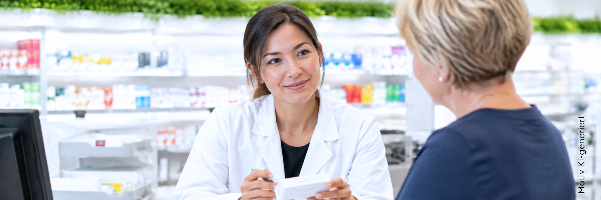 Junge, asiatische pharmazeuthisch technische Assistentin (PTA) berät am Verkaufsthresen eine blonde, ältere Frau im blauen Pullover. Im Hintergrund sieht man die helle, weiße Verkaufswand.