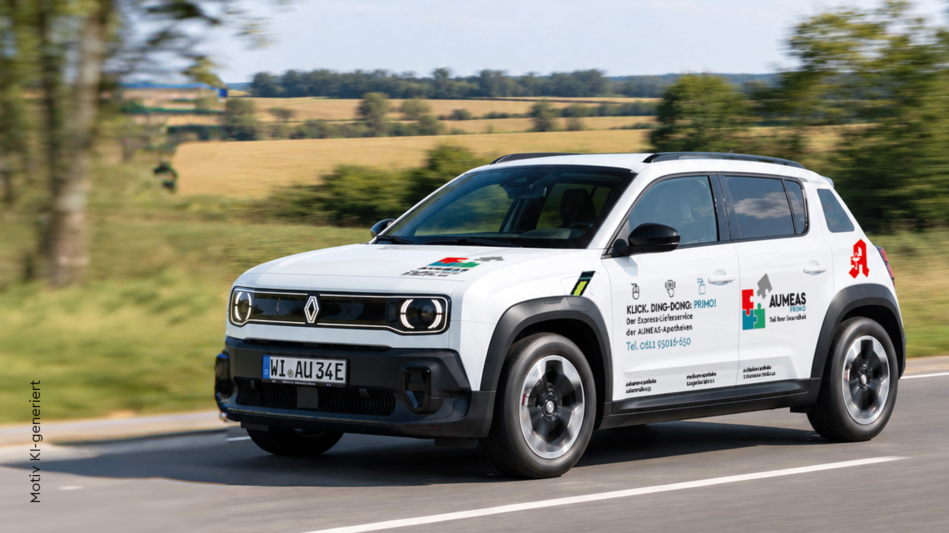 Ein weißer Renault R4 E Tech, der mit dem AUMEAS Primo Design beschriftet ist, fährt über eine Landstraße. Im Hintergrund des AUMEAS Primo gebrandeten Fahrzeugs sieht man Felder mit Büschen und Baumgruppen.