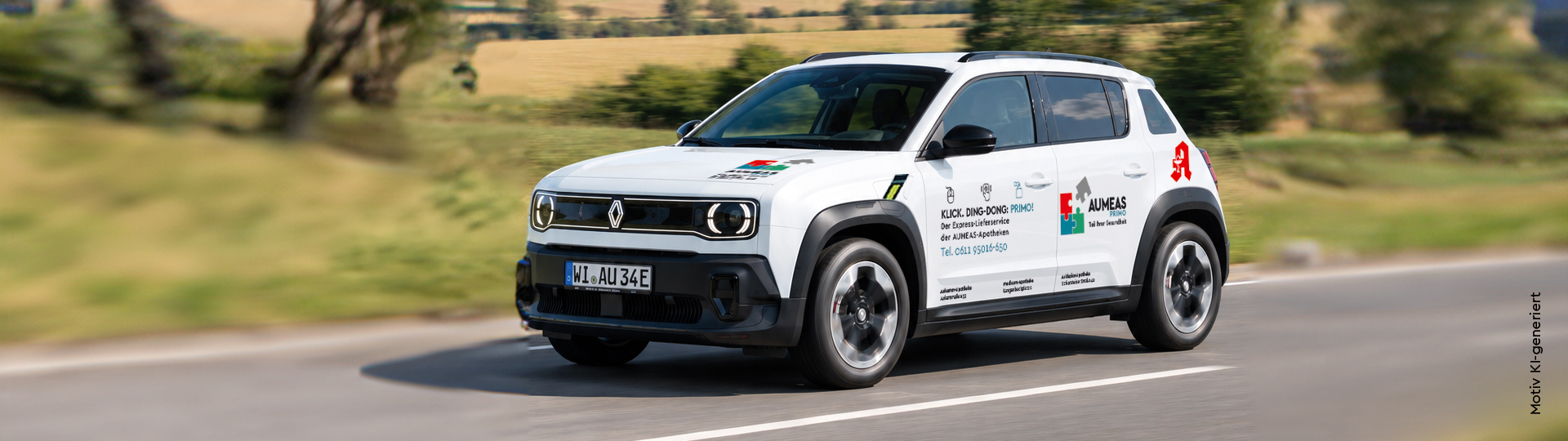 Weißer Renault R4 E Tech, AUMEAS Primo gebrandet, unterwegs auf der Landstraße. Im Hintergrund sieht man Felder, Büsche und einzelne Bäume. Bewegungsunschärfe.